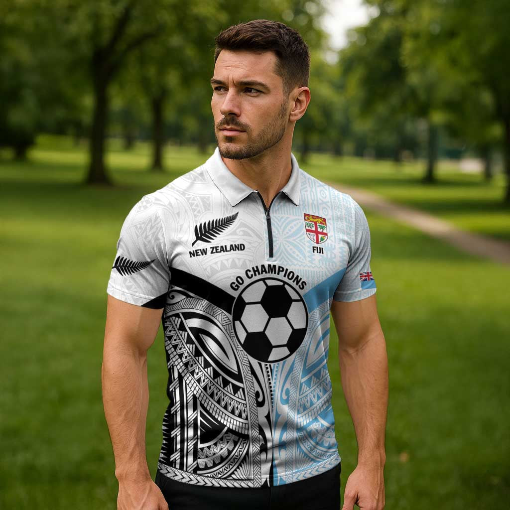 New Zealand-Fiji Football Custom Zipper Polo Shirt Together Go Champions - Polynesian Pride