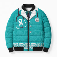 New Zealand Nurses Week Bomber Puffer Jacket Maori Kowhaiwhai Cyan Tribal
