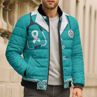 New Zealand Nurses Week Bomber Puffer Jacket Maori Kowhaiwhai Cyan Tribal