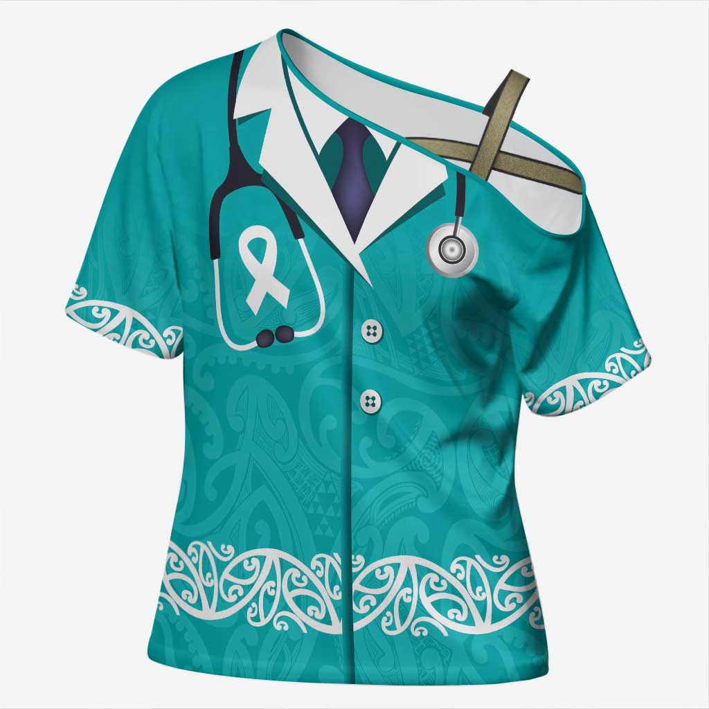 New Zealand Nurses Week Cross Shoulder Shirt Maori Kowhaiwhai Cyan Tribal