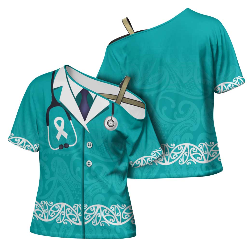 New Zealand Nurses Week Cross Shoulder Shirt Maori Kowhaiwhai Cyan Tribal