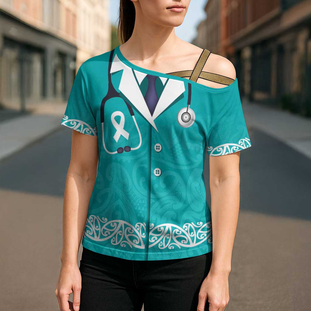 New Zealand Nurses Week Cross Shoulder Shirt Maori Kowhaiwhai Cyan Tribal
