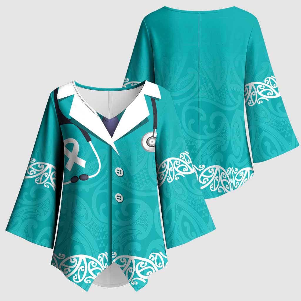 New Zealand Nurses Week Kimono Sleeve Blouse Maori Kowhaiwhai Cyan Tribal