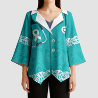 New Zealand Nurses Week Kimono Sleeve Blouse Maori Kowhaiwhai Cyan Tribal