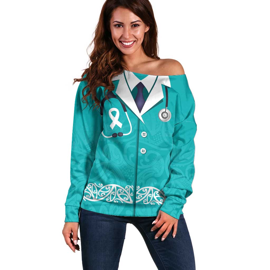New Zealand Nurses Week Off Shoulder Sweater Maori Kowhaiwhai Cyan Tribal
