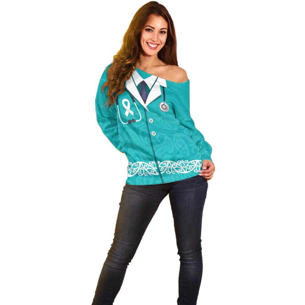 New Zealand Nurses Week Off Shoulder Sweater Maori Kowhaiwhai Cyan Tribal