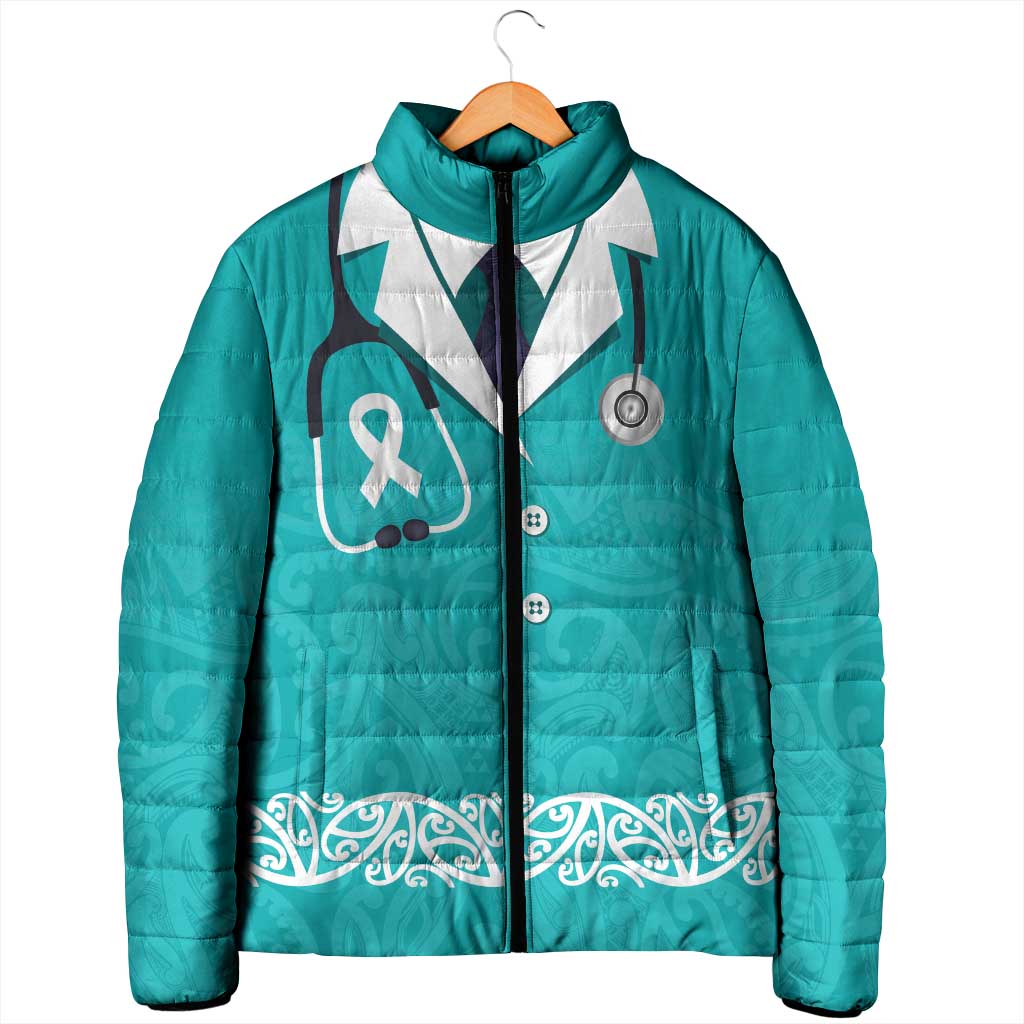 New Zealand Nurses Week Padded Jacket Maori Kowhaiwhai Cyan Tribal