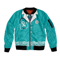 New Zealand Nurses Week Sleeve Zip Bomber Jacket Maori Kowhaiwhai Cyan Tribal