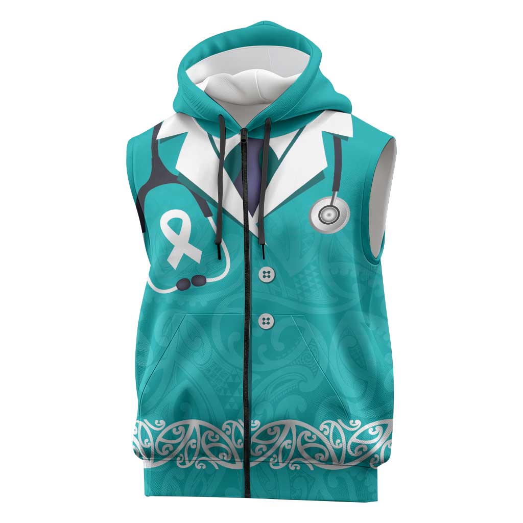 New Zealand Nurses Week Sleeveless Zip Hoodie Maori Kowhaiwhai Cyan Tribal
