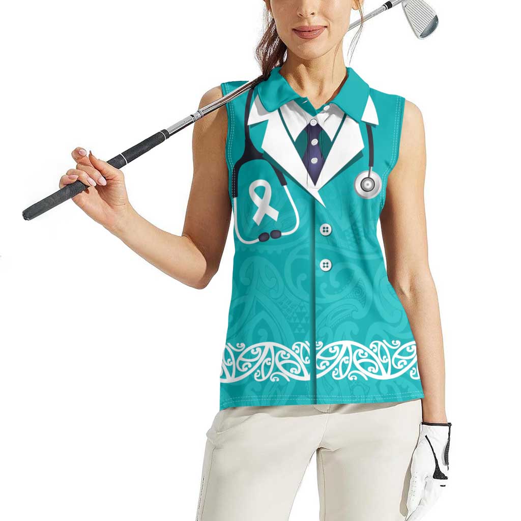 New Zealand Nurses Week Women Sleeveless Polo Shirt Maori Kowhaiwhai Cyan Tribal LT9 - Polynesian Pride