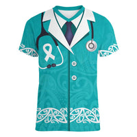 New Zealand Nurses Week Women V-Neck T-Shirt Maori Kowhaiwhai Cyan Tribal LT9 Female Cyan - Polynesian Pride