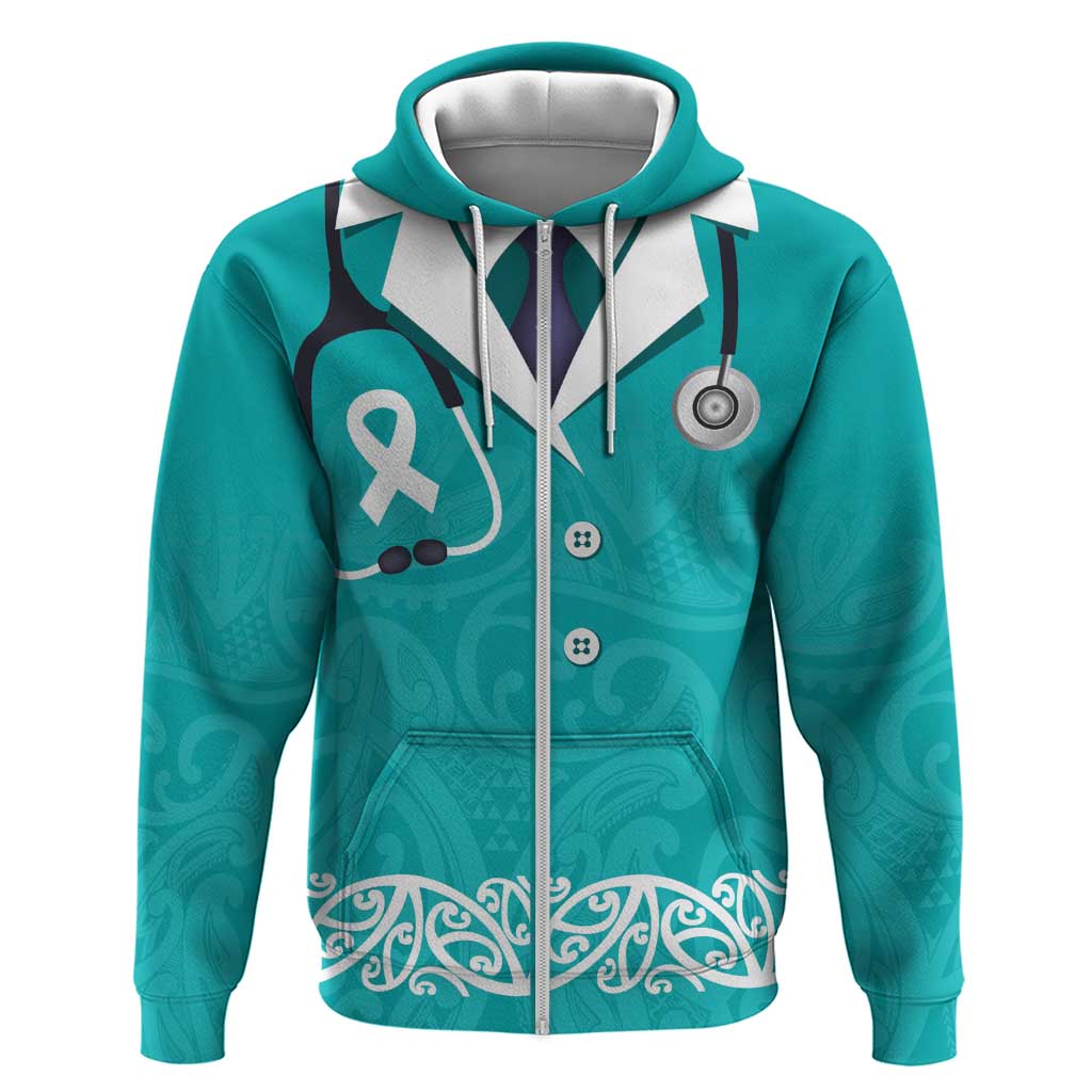 New Zealand Nurses Week Zip Hoodie Maori Kowhaiwhai Cyan Tribal