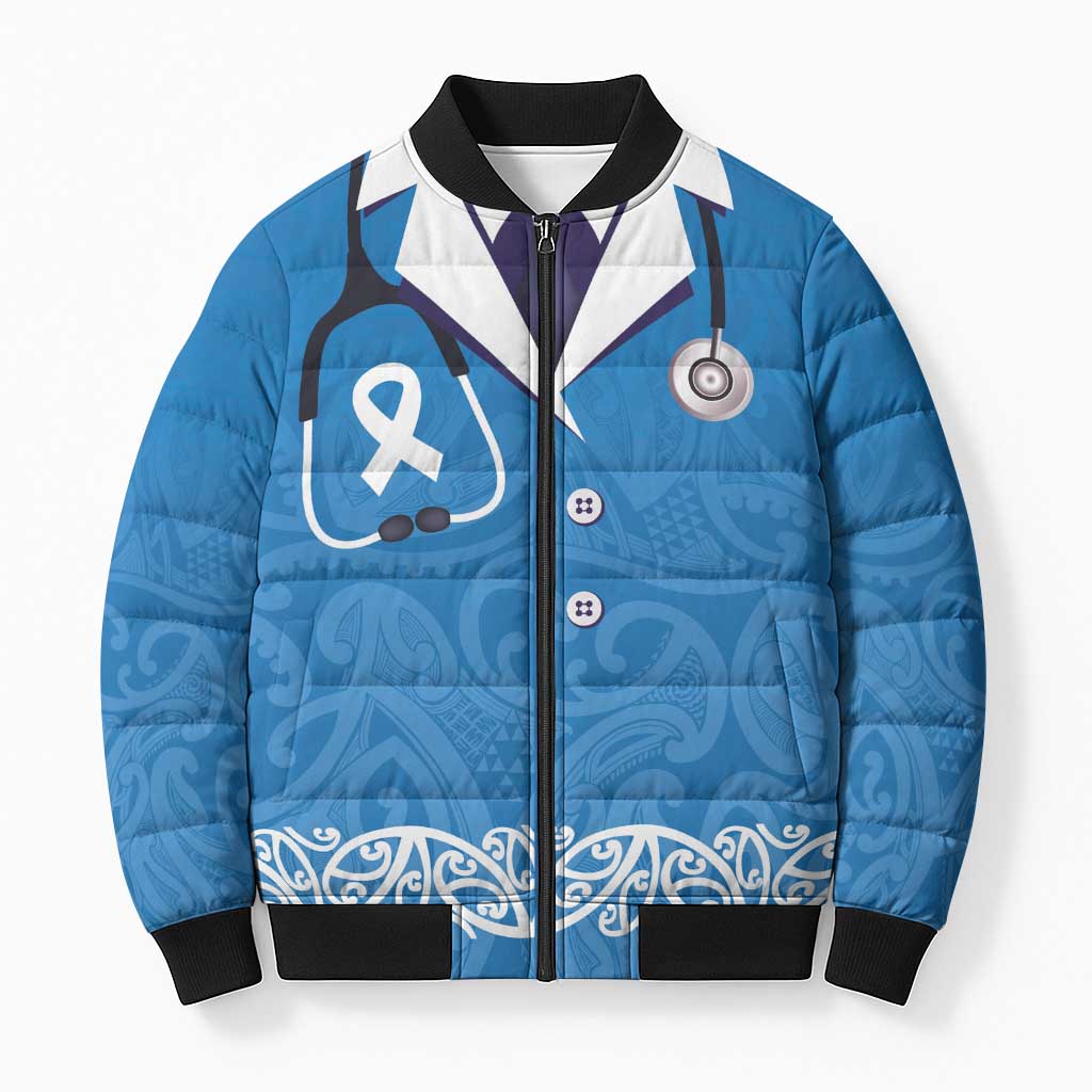 New Zealand Nurses Week Bomber Puffer Jacket Maori Kowhaiwhai Blue Tribal