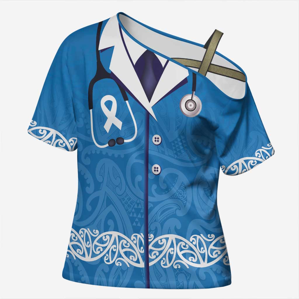 New Zealand Nurses Week Cross Shoulder Shirt Maori Kowhaiwhai Blue Tribal LT9 Female Blue - Polynesian Pride