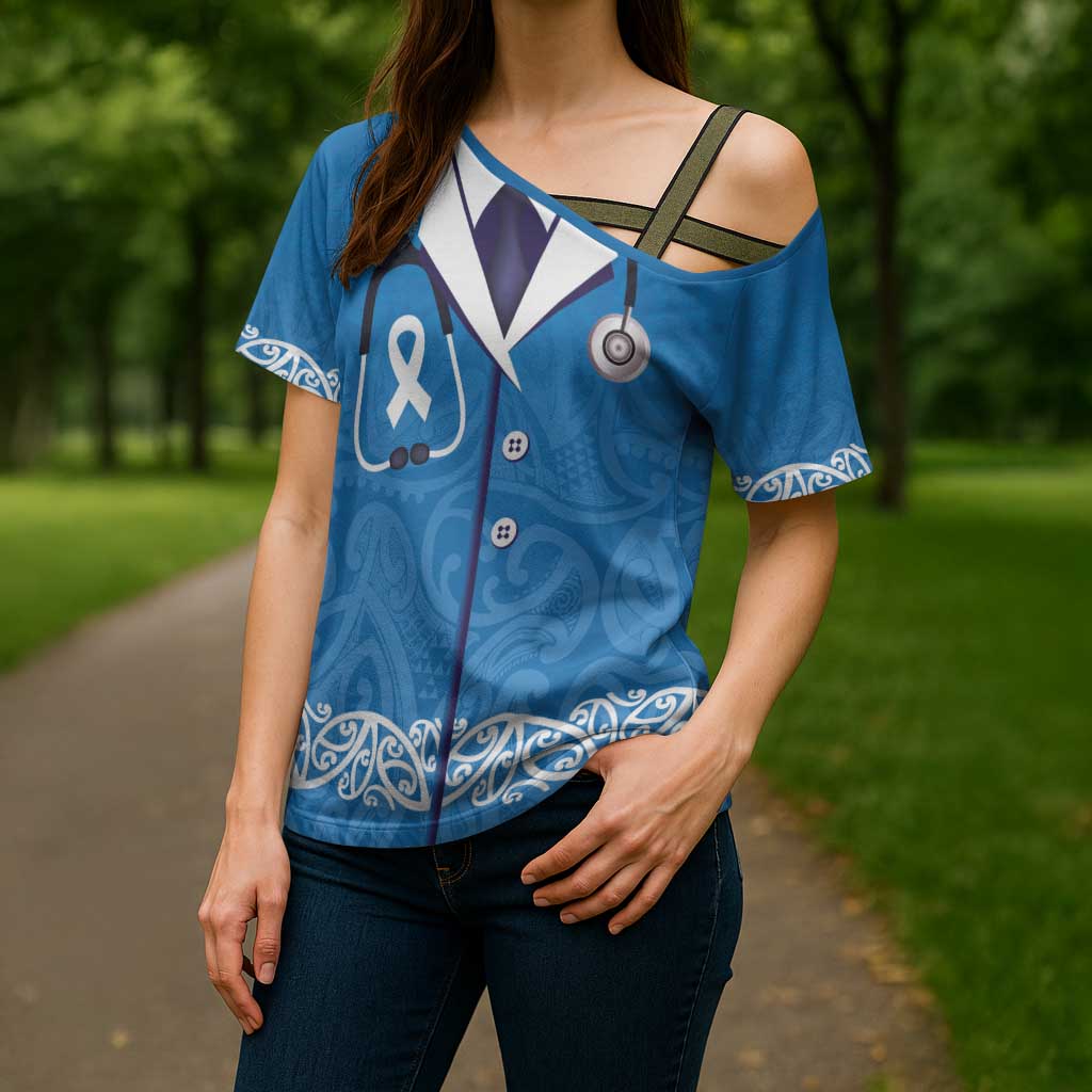 New Zealand Nurses Week Cross Shoulder Shirt Maori Kowhaiwhai Blue Tribal LT9 - Polynesian Pride