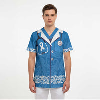 New Zealand Nurses Week Scrub Top Maori Kowhaiwhai Blue Tribal