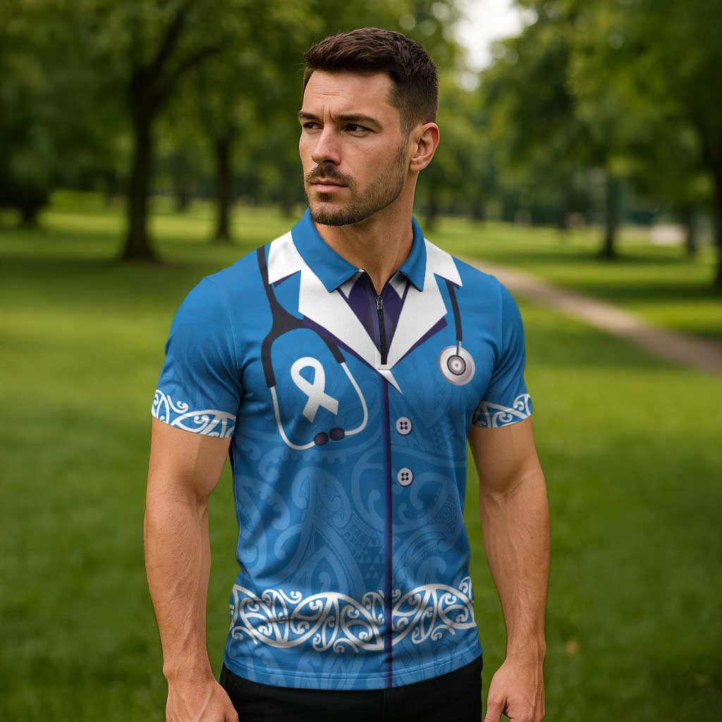 New Zealand Nurses Week Zipper Polo Shirt Maori Kowhaiwhai Blue Tribal