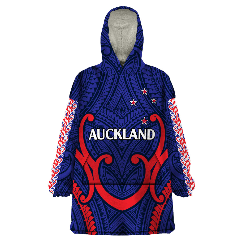 (Custom Text And Number) New Zealand Auckland Cricket Wearable Blanket Hoodie Polynesian with Maori Koru LT9 One Size Blue - Polynesian Pride