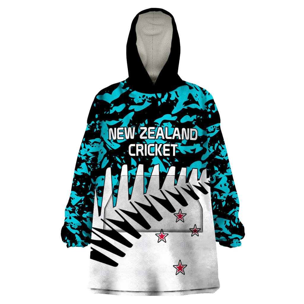 (Custom Text And Number) New Zealand Cricket Wearable Blanket Hoodie Black Cap Sporty Style No2 LT9 One Size Auqua - Polynesian Pride