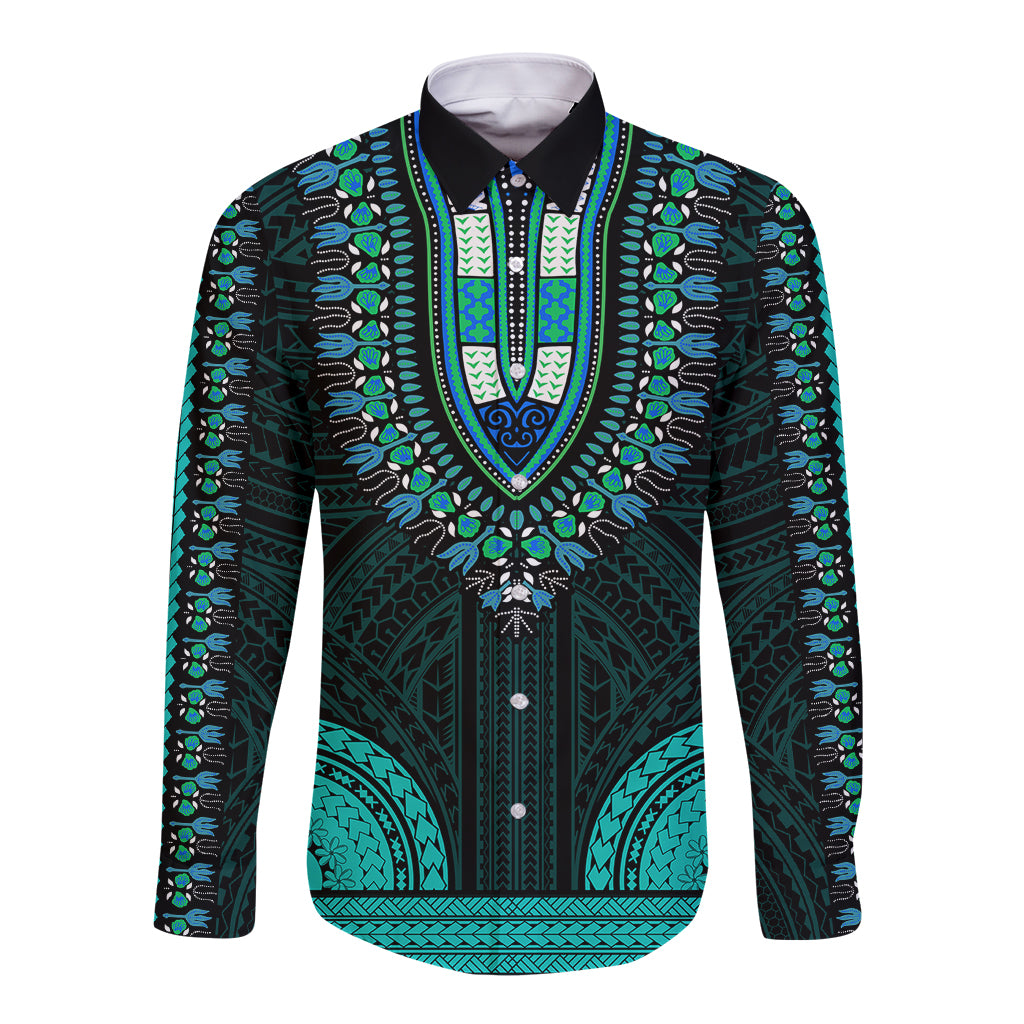 African Dashiki Long Sleeve Button Shirt With Polynesian Pattern - Teal LT9 Unisex Teal - Polynesian Pride