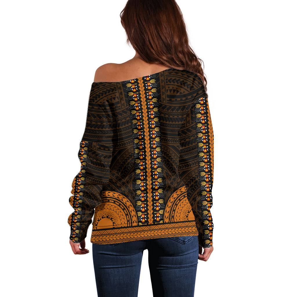 African Dashiki Off Shoulder Sweater With Polynesian Pattern - Gold LT9 - Polynesian Pride