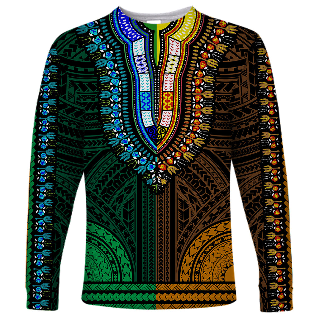 African Dashiki Long Sleeve Shirt With Polynesian Pattern - Half Green and Gold LT9 Unisex Green and Gold - Polynesian Pride