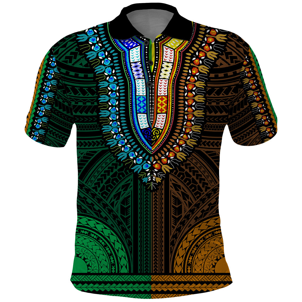 African Dashiki Polo Shirt With Polynesian Pattern Half Green and Gold LT9 Green and Gold - Polynesian Pride