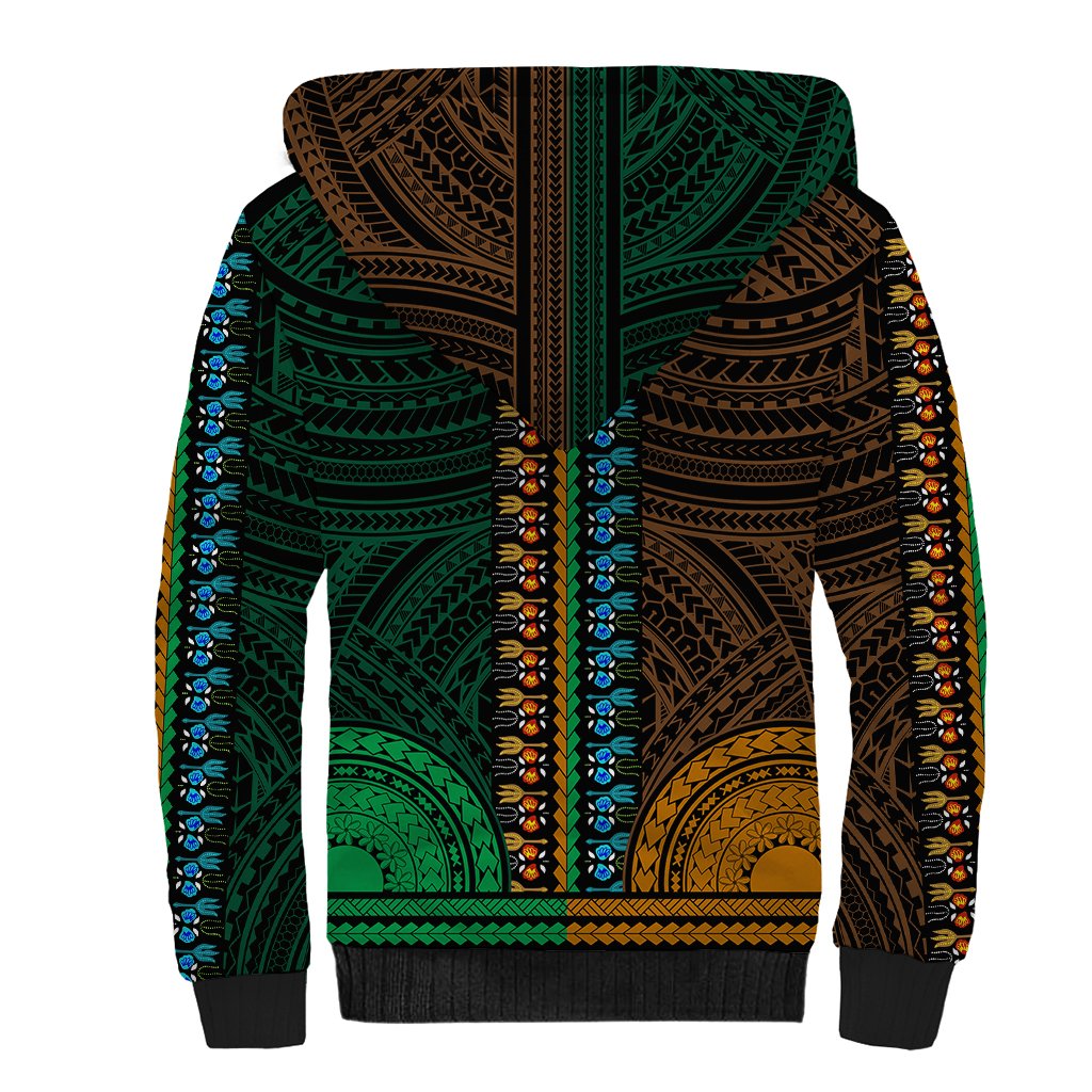 African Dashiki Sherpa Hoodie With Polynesian Pattern - Half Green and Gold LT9 - Polynesian Pride