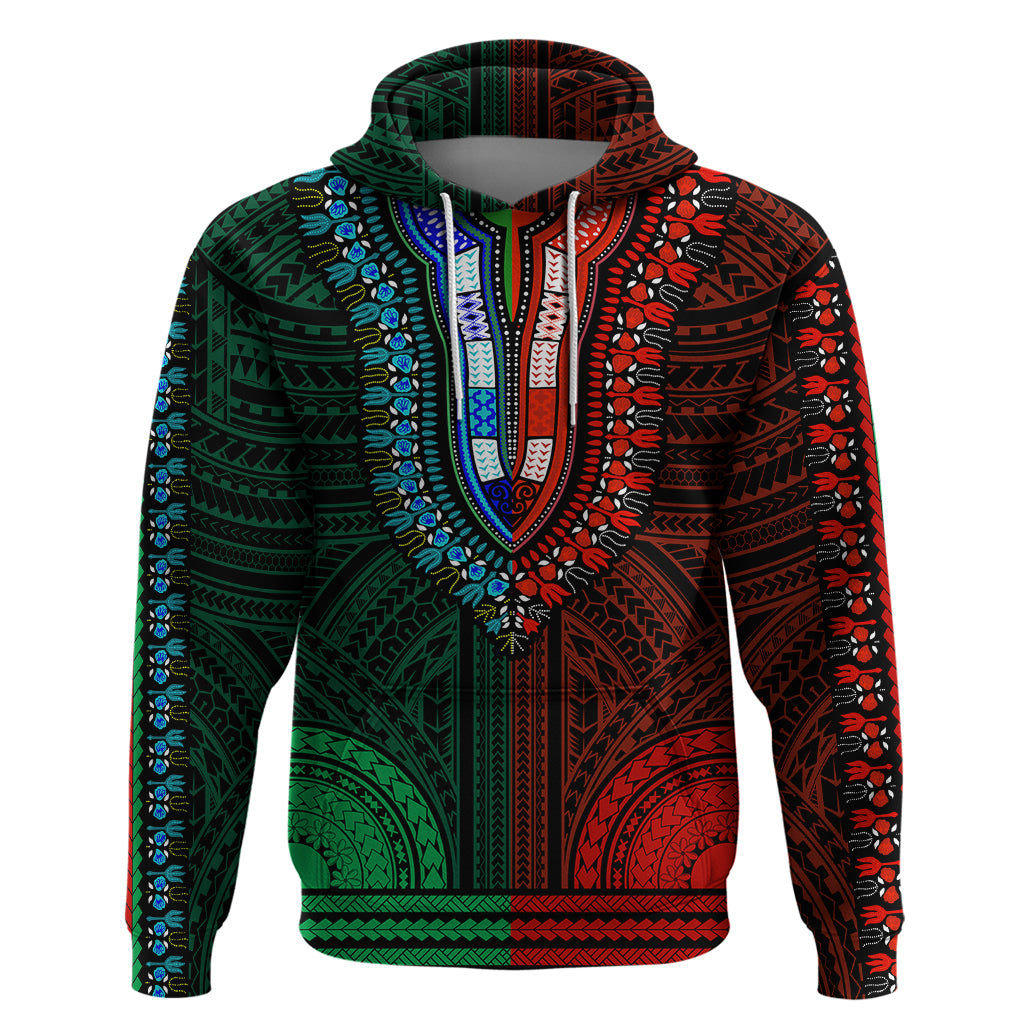 African Dashiki Hoodie With Polynesian Pattern Half Green and Red LT9 Pullover Hoodie Green and Red - Polynesian Pride