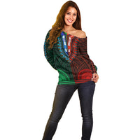 African Dashiki Off Shoulder Sweater With Polynesian Pattern - Half Green and Red LT9 - Polynesian Pride