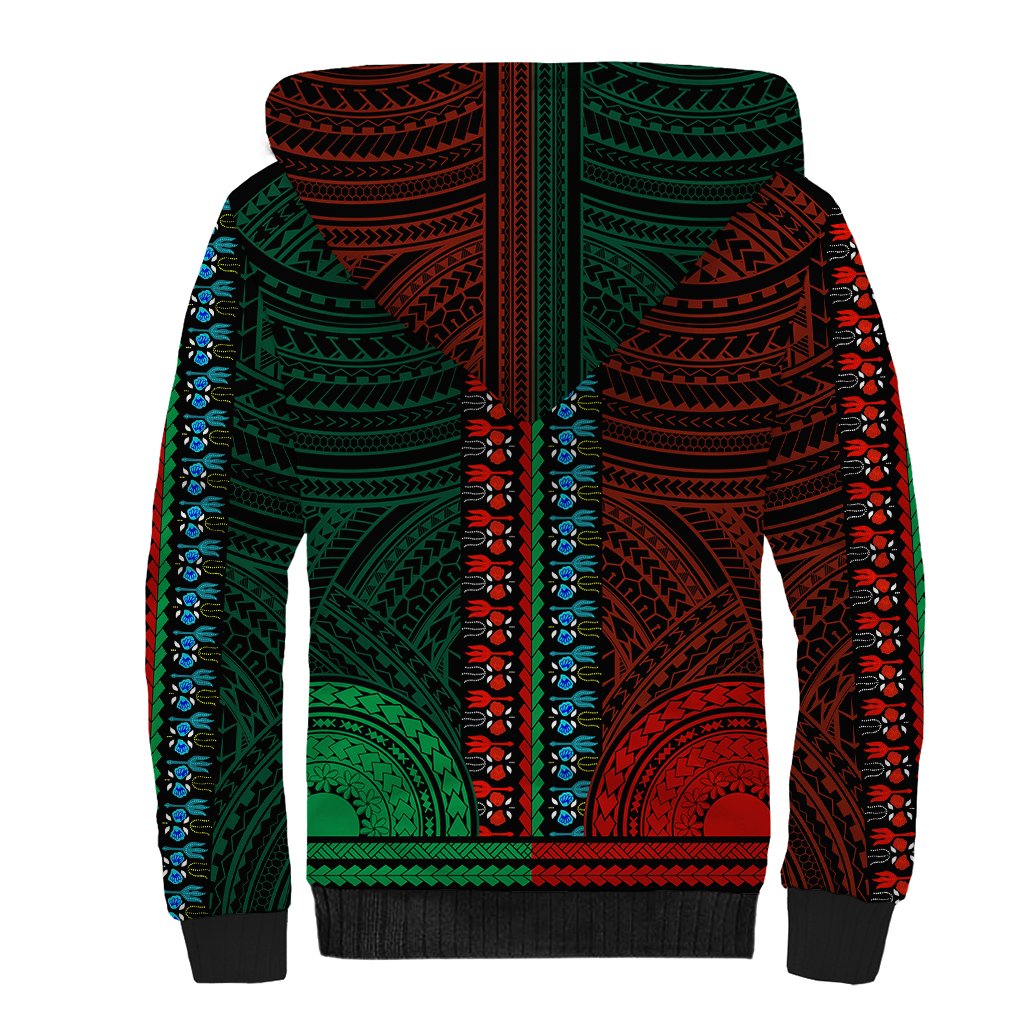 African Dashiki Sherpa Hoodie With Polynesian Pattern - Half Green and Red LT9 - Polynesian Pride