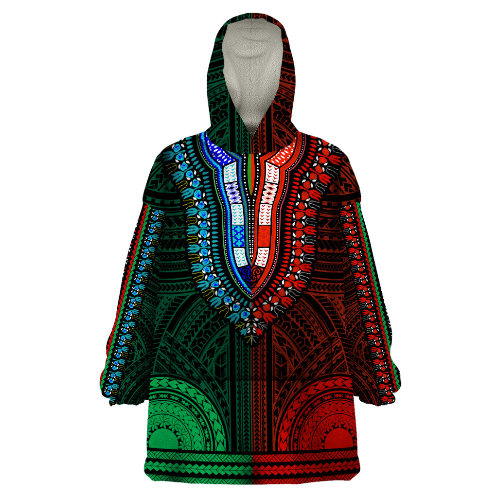 African Dashiki Wearable Blanket Hoodie With Polynesian Pattern - Half Green and Red LT9 One Size Green and Red - Polynesian Pride