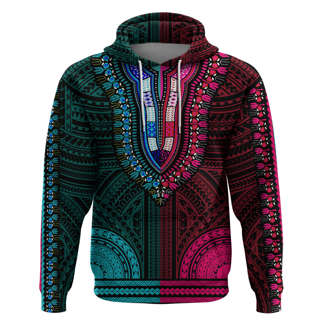 African Dashiki Hoodie With Polynesian Pattern Half Teal and Pink LT9 Pullover Hoodie Teal and Pink - Polynesian Pride