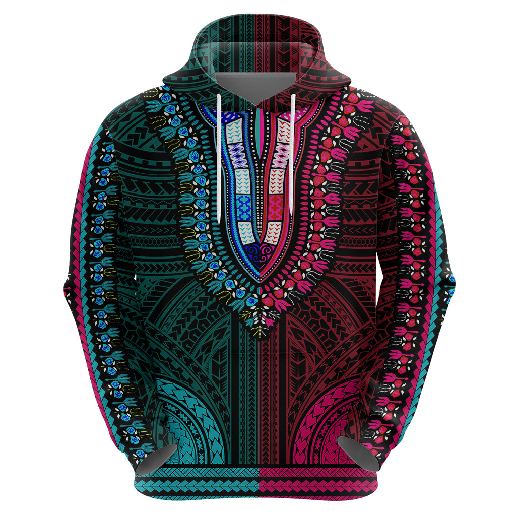African Dashiki Hoodie With Polynesian Pattern Half Teal and Pink LT9 - Polynesian Pride