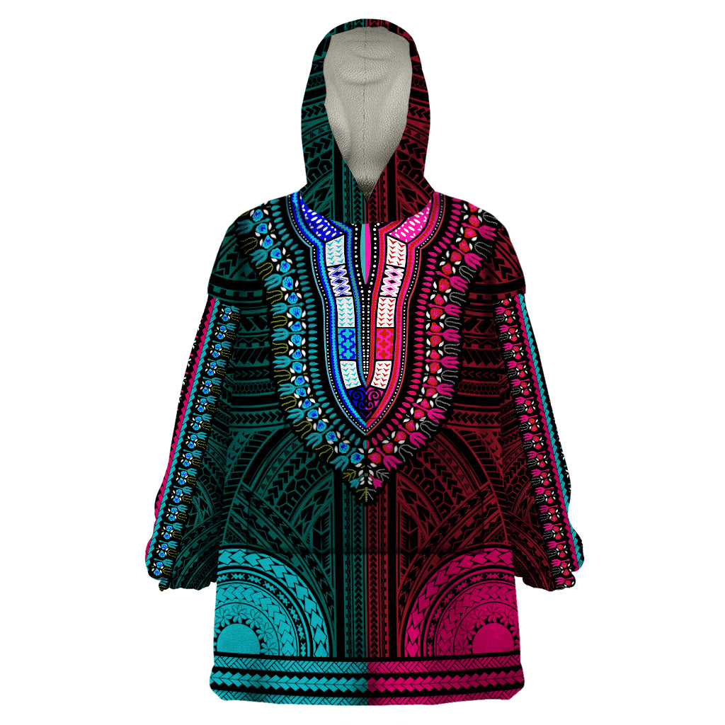 African Dashiki Wearable Blanket Hoodie With Polynesian Pattern - Half Teal and Pink LT9 One Size Teal and Pink - Polynesian Pride