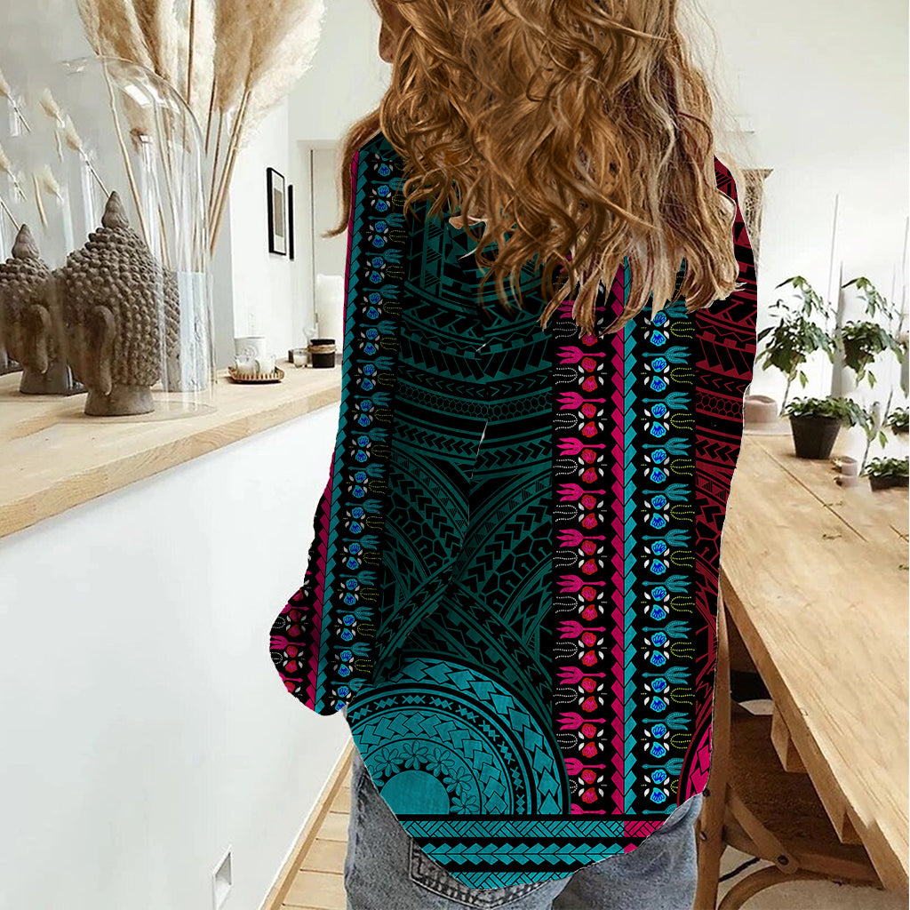 African Dashiki Women Casual Shirt With Polynesian Pattern - Half Teal and Pink LT9 - Polynesian Pride