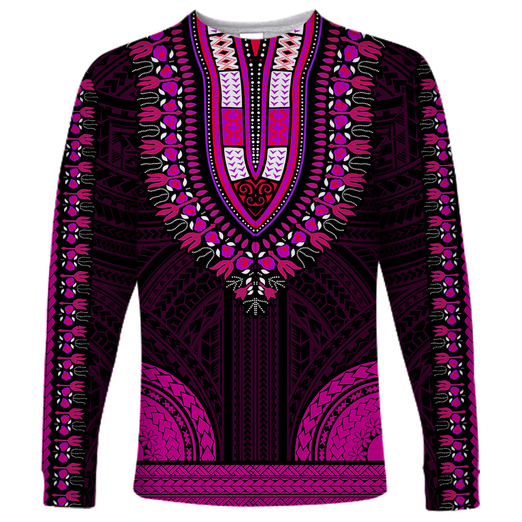 African Dashiki Long Sleeve Shirt With Polynesian Pattern - Pink LT9 Unisex Pink - Polynesian Pride