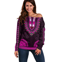 African Dashiki Off Shoulder Sweater With Polynesian Pattern - Pink LT9 Women Pink - Polynesian Pride