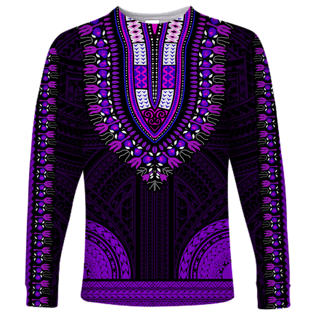 African Dashiki Long Sleeve Shirt With Polynesian Pattern - Purple LT9 Unisex Purple - Polynesian Pride