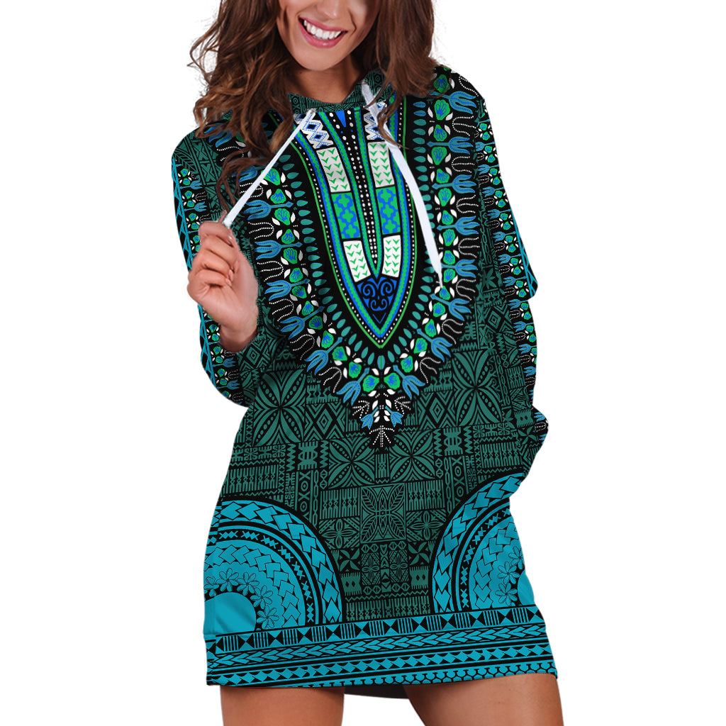 African Dashiki Hoodie Dress With Tapa Pattern - Teal LT9 Teal - Polynesian Pride