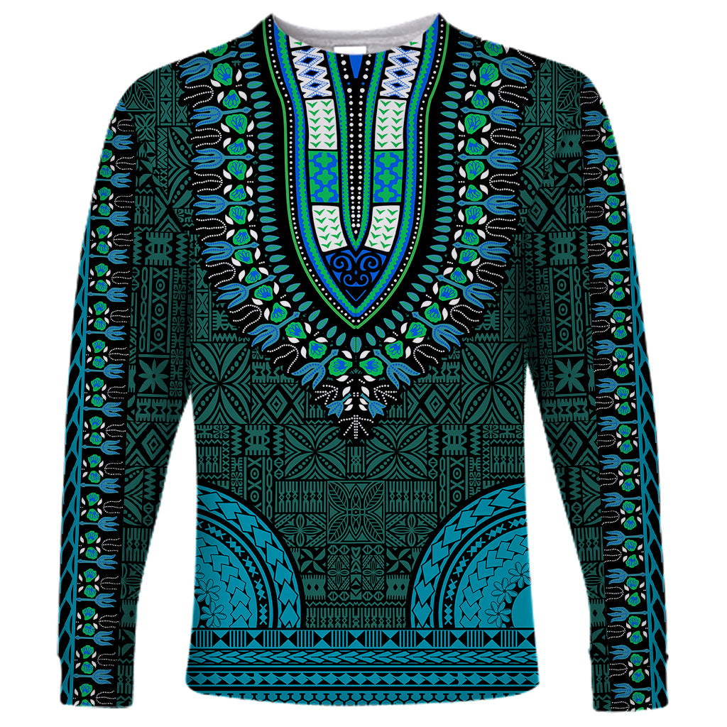 African Dashiki Long Sleeve Shirt With Tapa Pattern - Teal LT9 Unisex Teal - Polynesian Pride