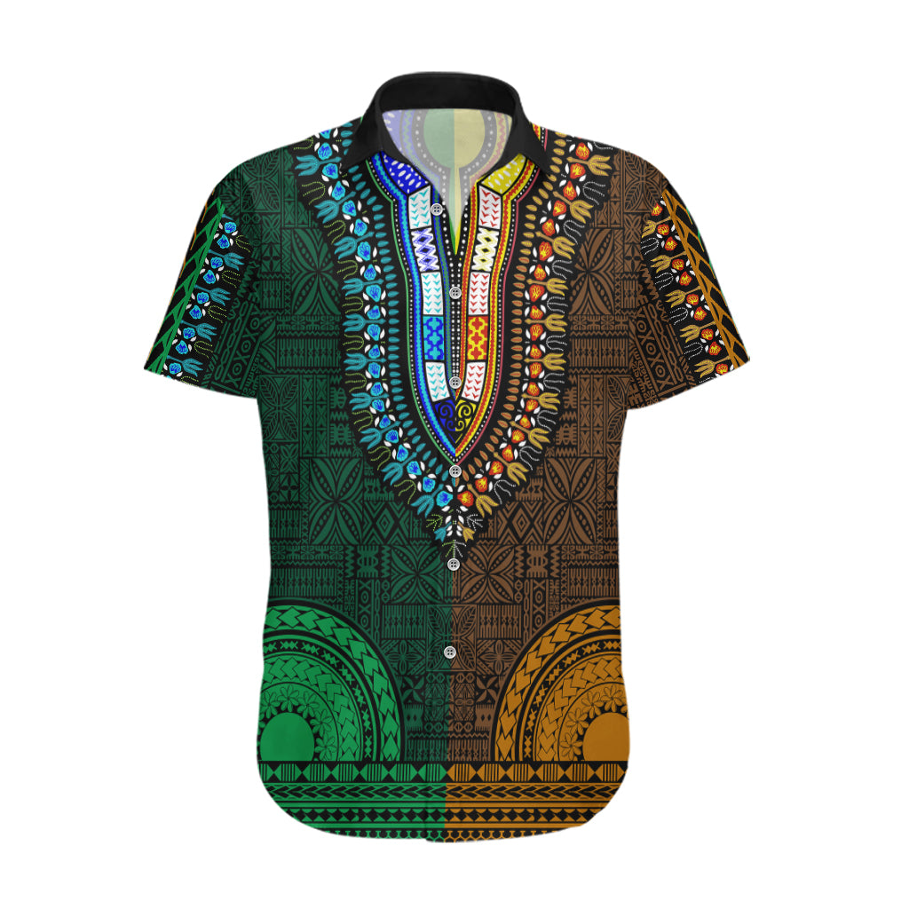 African Dashiki Hawaiian Shirt With Tapa Pattern - Half Green and Gold LT9 Green and Gold - Polynesian Pride