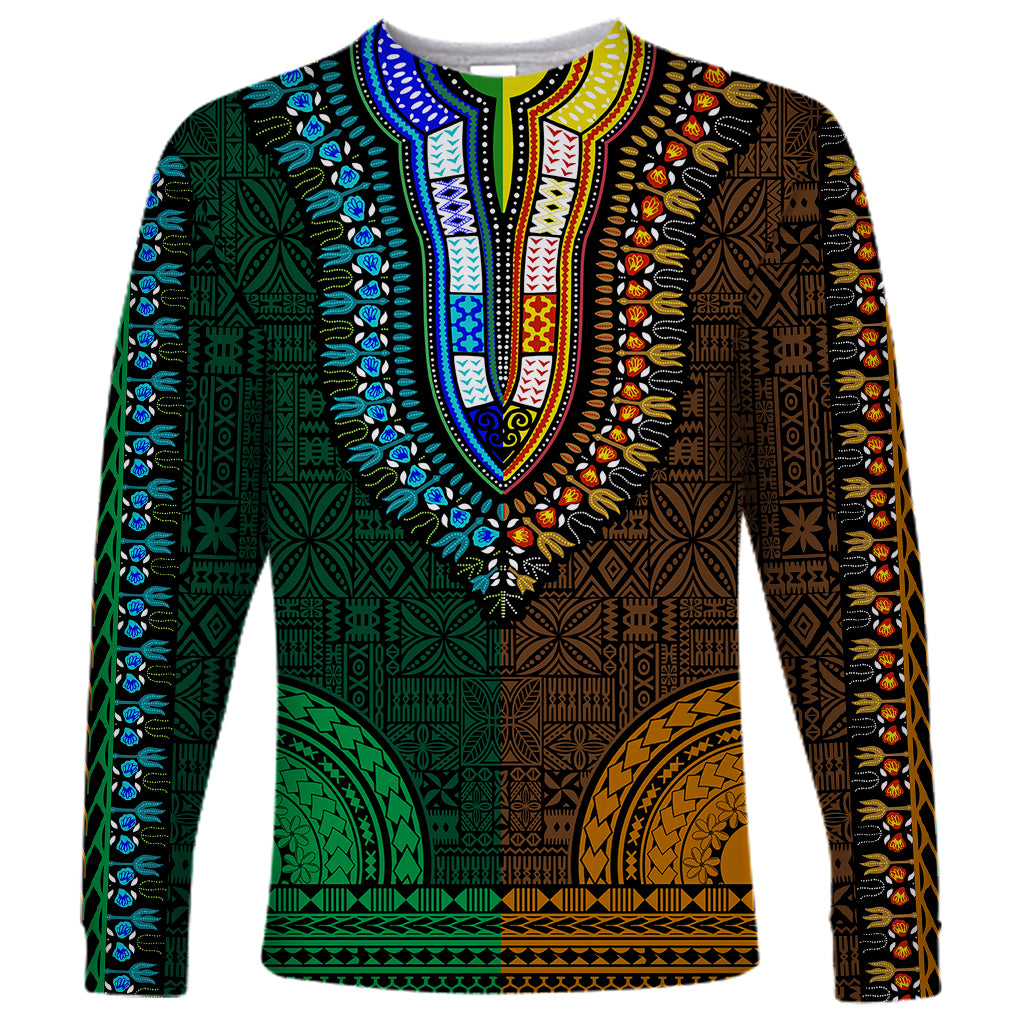 African Dashiki Long Sleeve Shirt With Tapa Pattern - Half Green and Gold LT9 Unisex Green and Gold - Polynesian Pride