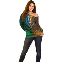 African Dashiki Off Shoulder Sweater With Tapa Pattern - Half Green and Gold LT9 - Polynesian Pride