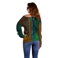 African Dashiki Off Shoulder Sweater With Tapa Pattern - Half Green and Gold LT9 - Polynesian Pride