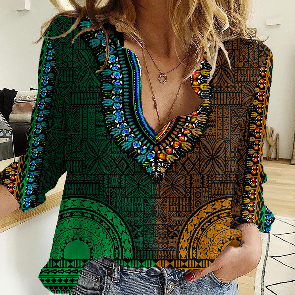 African Dashiki Women Casual Shirt With Tapa Pattern - Half Green and Gold LT9 Female Green and Gold - Polynesian Pride