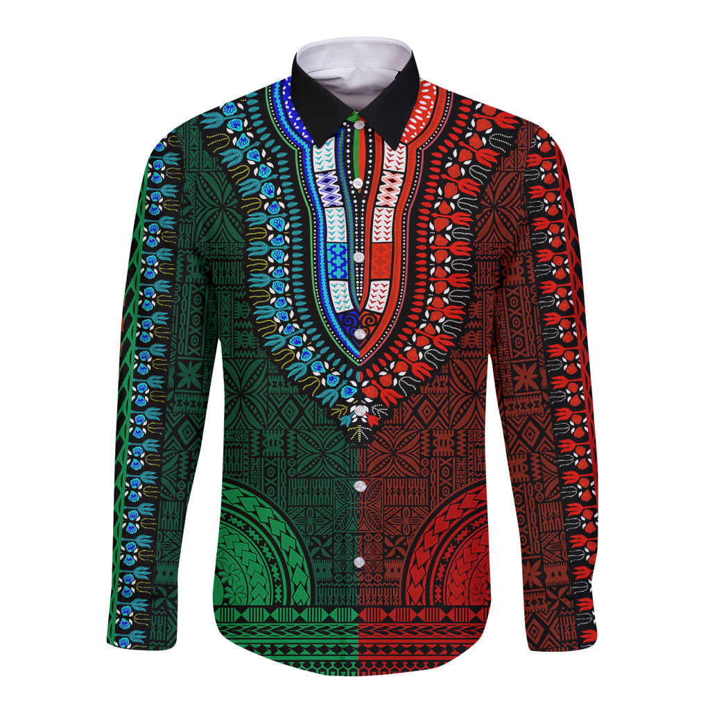 African Dashiki Long Sleeve Button Shirt With Tapa Pattern - Half Green and Red LT9 Unisex Green and Red - Polynesian Pride