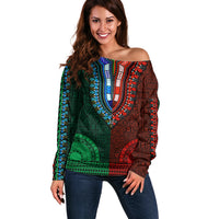 African Dashiki Off Shoulder Sweater With Tapa Pattern - Half Green and Red LT9 Women Green and Red - Polynesian Pride