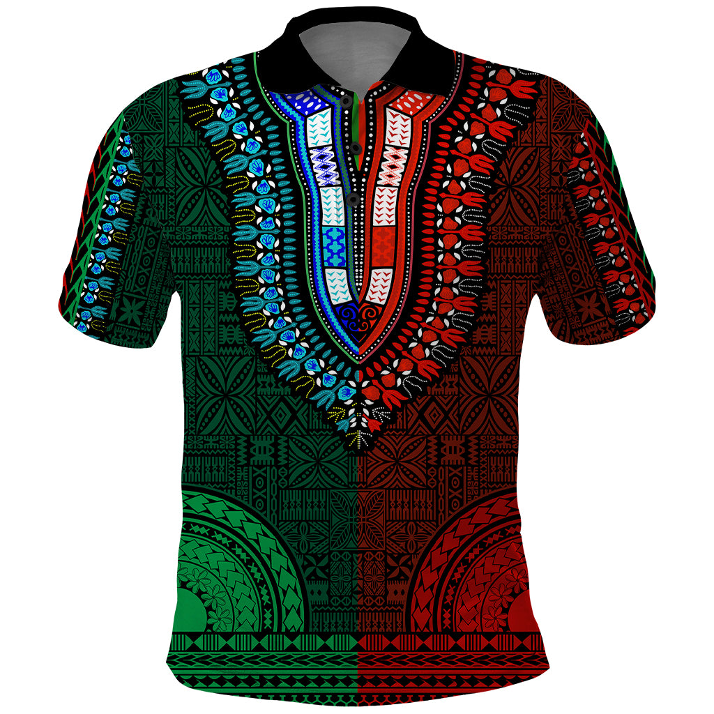 African Dashiki Polo Shirt With Tapa Pattern Half Green and Red LT9 Green and Red - Polynesian Pride
