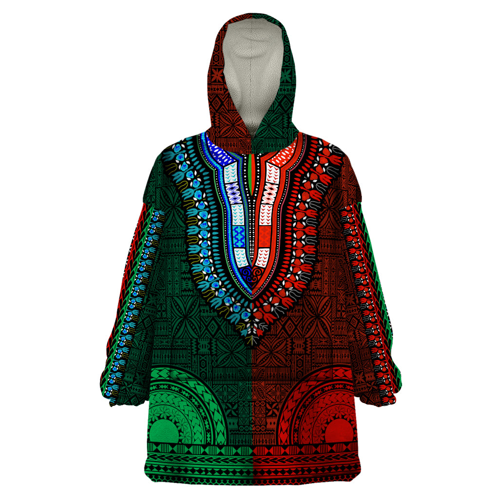 African Dashiki Wearable Blanket Hoodie With Tapa Pattern - Half Green and Red LT9 One Size Green and Red - Polynesian Pride